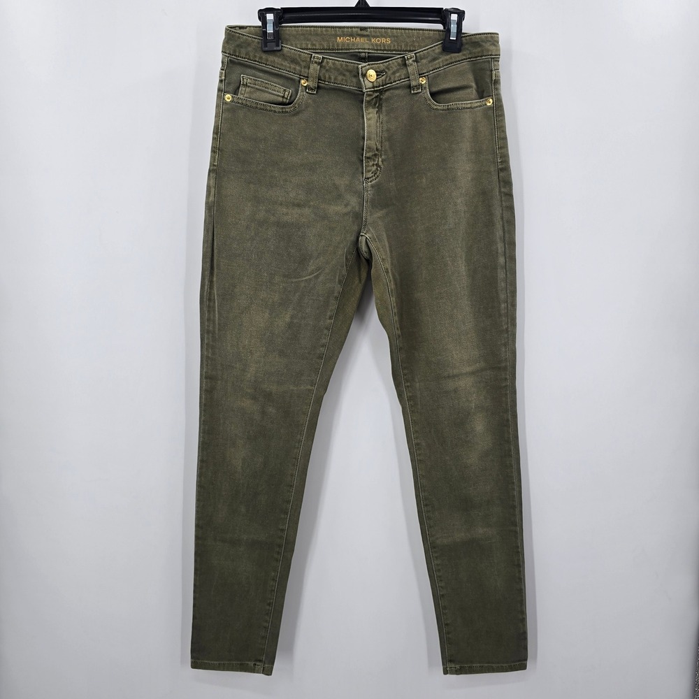 Michael Kors Izzy‎ Skinny Jeans Womens 10 Olive Green Gold Logo Mid Rise Stretch